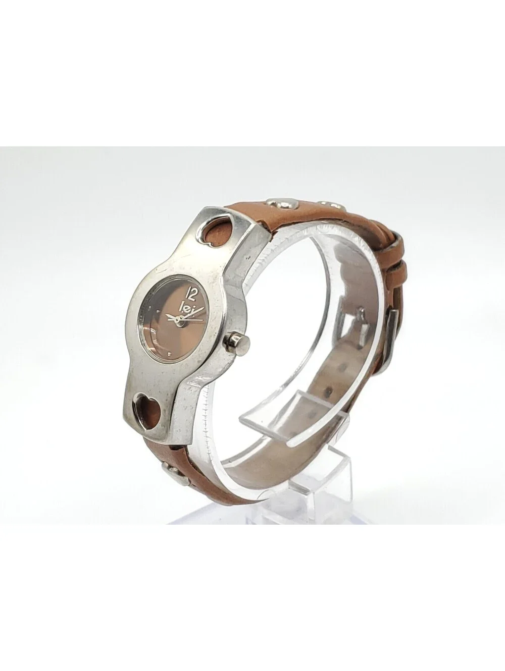 Lei Heart Band Quartz Womens Watch New Battery Silver Tone/Brown 20mm